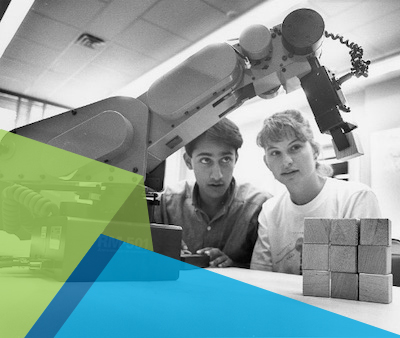 Amil Vijay, from Winnipeg, and Crystal Drummond, from Peterborough, program a robot at the 1987 UBC Shad Valley Program