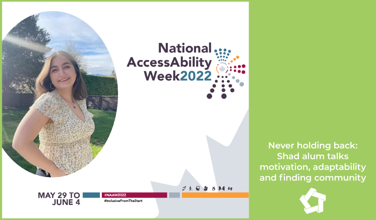 A photo of Romina, a woman with dark hair standing outside on a beautiful day. Beside her are the words "National AccessAbility Week 2022"